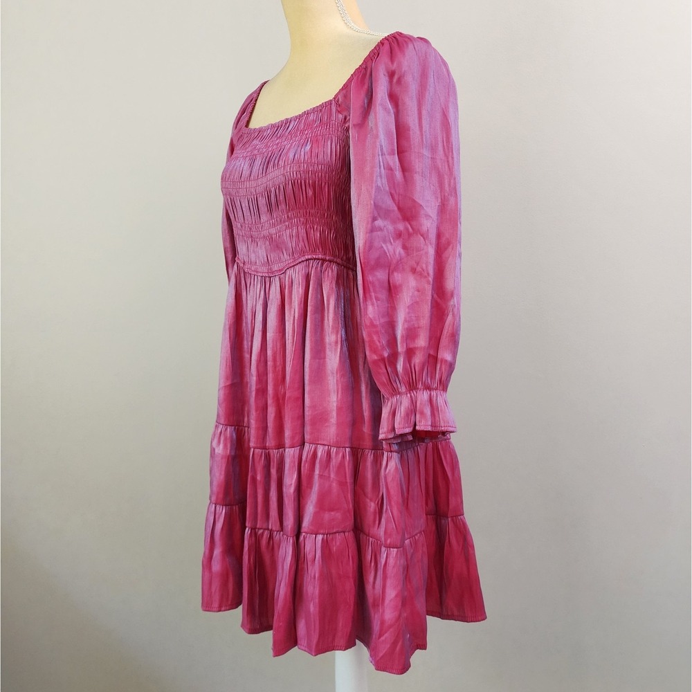 UMGEE Size Large Iridescent Fuchsia Pink Smocked Long Sleeve Tiered Mini Dress - Picture 6 of 7